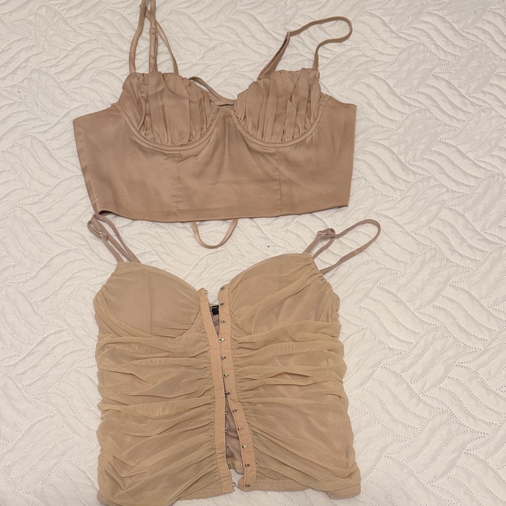 Tan Ruched Bustier Top Set